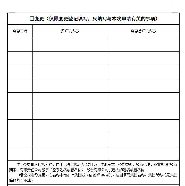 公司登记备案申请书填写模板最新版